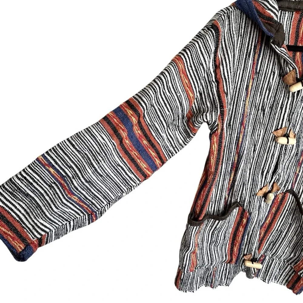 Boho Baja Hoodie Mexican Blanket Toggle Jacket Medium Indie Festival Surf Stripe